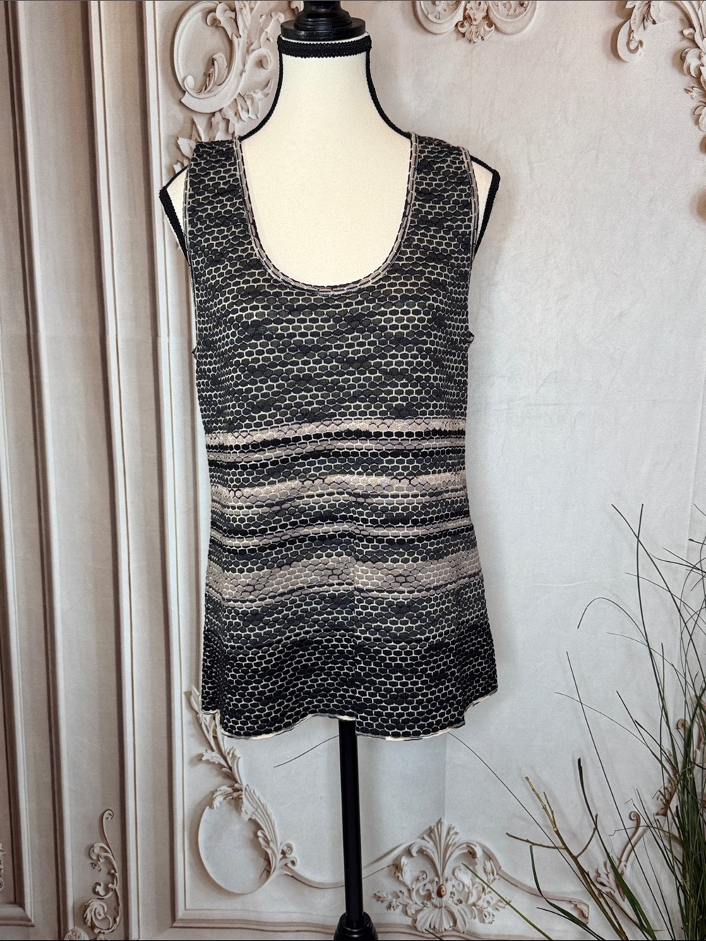 M by Missoni Black and Cream Patterned Knit Tank Top